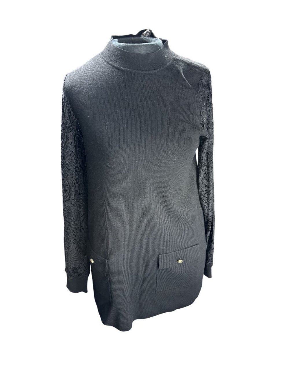 INC International Concepts Black Knit Tunic With Lace Sleeves & Button Pocket De